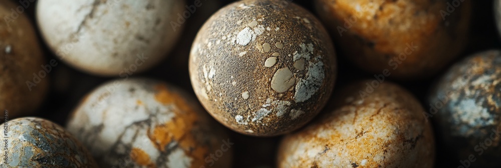 Close-up of many mottled, round, textured stones. Close-up of many mottled, round, textured stones.