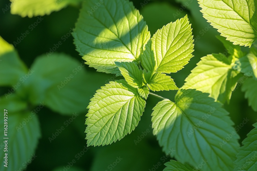Close-up of vibrant green leaves illuminated by sunlight, showcasing intricate leaf veins and textures. Close-up of vibrant green leaves illuminated by sunlight, showcasing intricate leaf veins and textures.