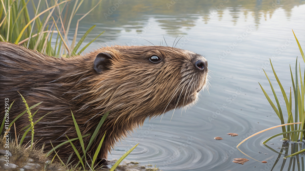 A beaver, alert and attentive, stands near the water's edge.Close-up of a beaver's wet, rich brown fur, reflecting the surrounding water.The beaver's gaze is directed towards something beyond the stil A beaver, alert and attentive, stands near the water's edge.Close-up of a beaver's wet, rich brown fur, reflecting the surrounding water.The beaver's gaze is directed towards something beyond the stil