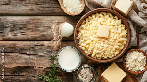 A rustic serving of macaroni and cheese in a ceramic bowl, surrounded by fresh ingredients like milk, butter, and cheddar photo