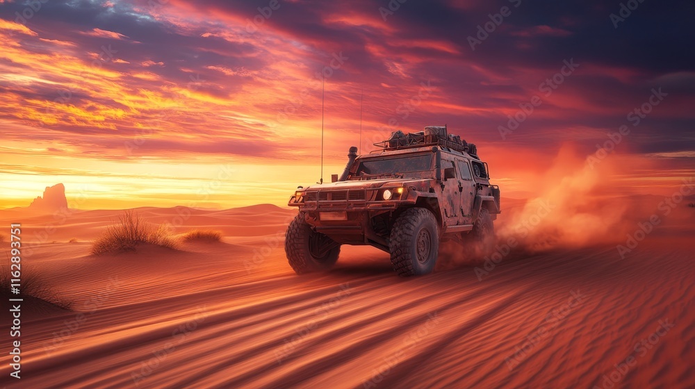 A military vehicle navigating a sandy landscape at sunset. A military vehicle navigating a sandy landscape at sunset.
