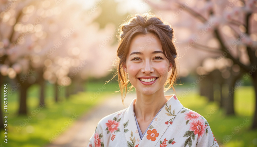 Smiling woman in floral kimono in cherry blossom park Smiling woman in floral kimono in cherry blossom park