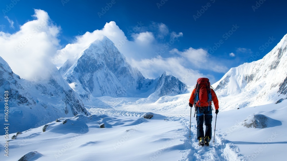 A lone hiker ascends a snowy mountain landscape under a clear blue sky. A lone hiker ascends a snowy mountain landscape under a clear blue sky.