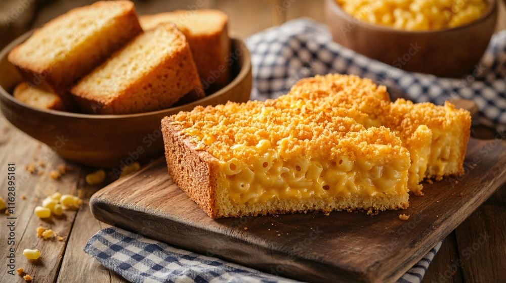 Macaroni and cheese served with cornbread slices, isolated on a wooden board with a gingham cloth in the background Macaroni and cheese served with cornbread slices, isolated on a wooden board with a gingham cloth in the background