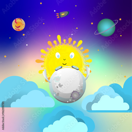 A bright solar eclipse illustration drawn in a cartoon style with the sun, moon, stars, rocket, planets, and clouds in outer space.