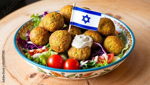 Delicious appetizing falafel in a plate, flag of Israel, national cuisine