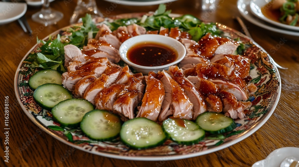 Sliced roast duck on a platter with cucumber and sauce. Sliced roast duck on a platter with cucumber and sauce.