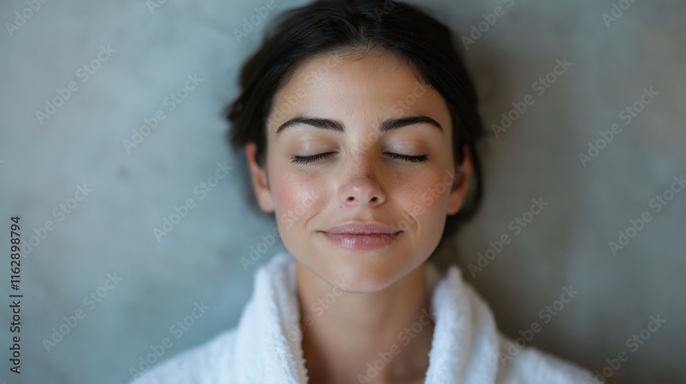 Relaxed woman in white robe enjoying wellness spa day for ultimate relaxation and self care Relaxed woman in white robe enjoying wellness spa day for ultimate relaxation and self care