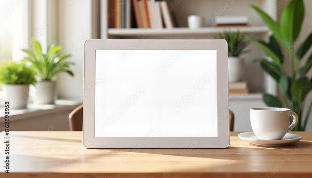 Fototapeta premium Empty collage frame with copy space on a wooden table beside a cup and plants