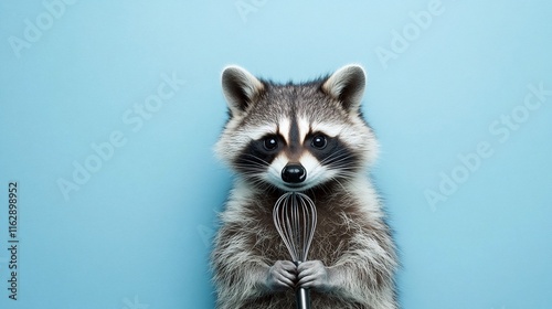 Cute raccoon holding a whisk against a blue background.