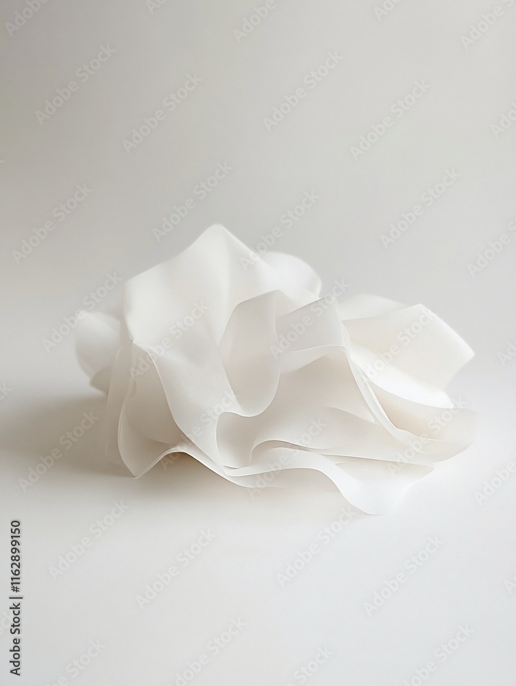 Abstract white fabric sculpture, crumpled, textured, soft, flowing folds on light background. Abstract white fabric sculpture, crumpled, textured, soft, flowing folds on light background.