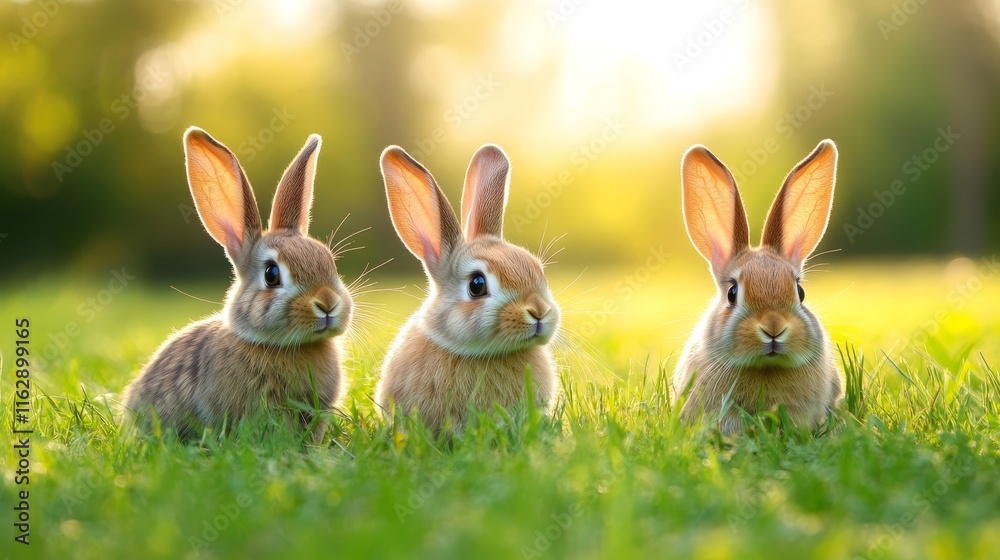 Fototapeta premium Three adorable rabbits sitting on green grass in a sunlit setting.