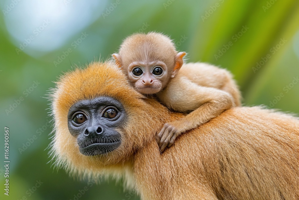 Fototapeta premium Adorable baby monkey clinging to its mother's back in lush green foliage.