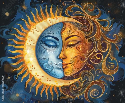 Intricate sun and moon artwork.  A captivating blend of gold and blue hues create a celestial masterpiece.