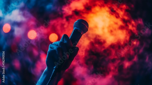 An MC holding a microphone on stage, announcing the winners of a sports event, with a crowd cheering and vibrant lighting creating an exciting atmosphere. photo