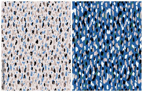 Abstract Hand Drawn Seamless Vector Patterns. Tiny Black, Gray and White Brush Spots on a Dusty Beige and Dark Blue Background. Irregular Geometric Repeatable Design. Abstract Falling Confetti Print. 