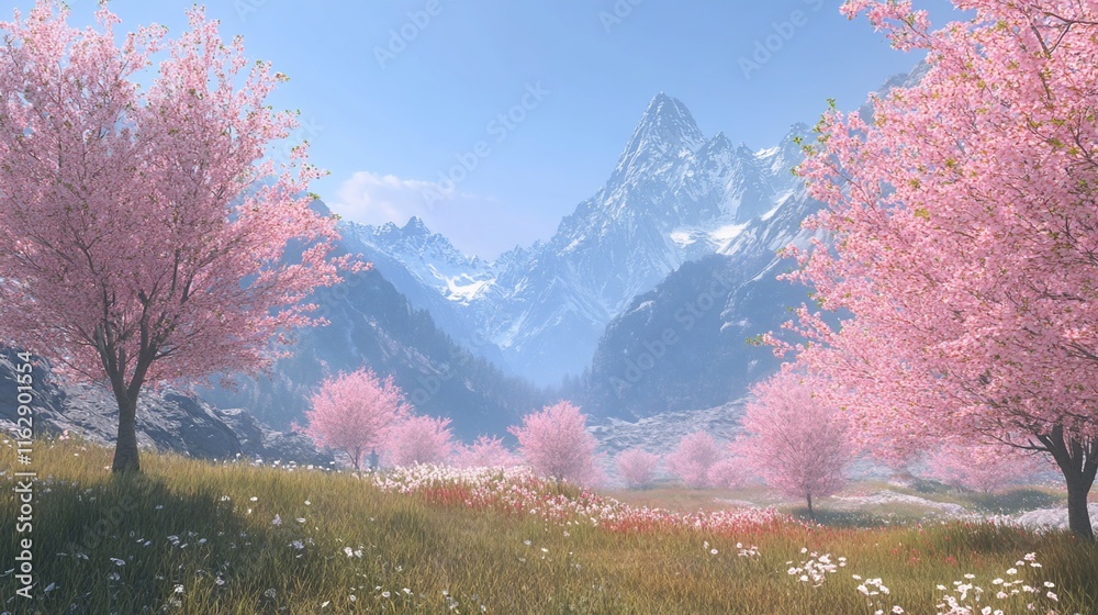 Pink cherry blossom trees in a lush green meadow with snow-capped mountains in the background under a clear blue sky. Pink cherry blossom trees in a lush green meadow with snow-capped mountains in the background under a clear blue sky.