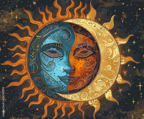 Mystical sun and moon artwork. Intricate details in teal and gold tones against a dark, starry background. Celestial art.