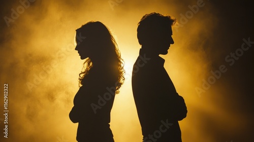 Silhouetted couple standing back-to-back, arms crossed, illuminated by warm light, symbolizing relationship problems.