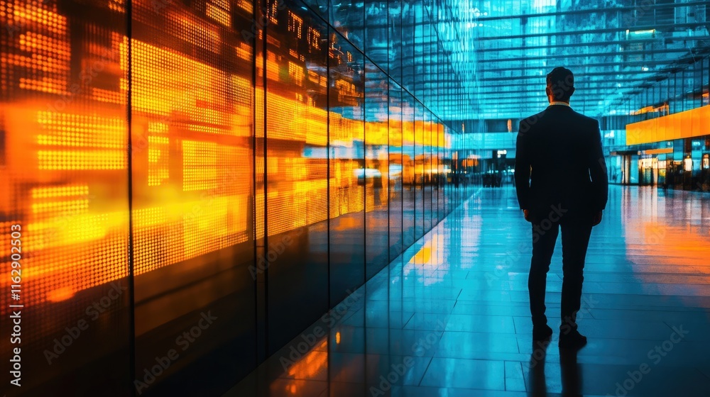 A silhouette of a businessman stands before a vibrant digital display in a modern office space. A silhouette of a businessman stands before a vibrant digital display in a modern office space.