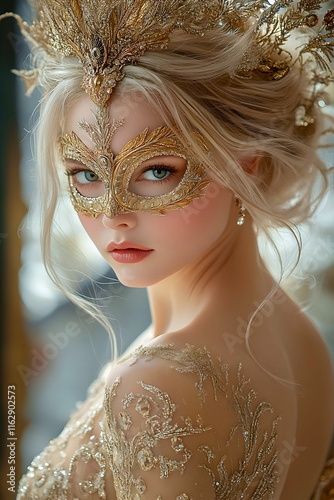 Elegant Woman in Gold Masquerade Mask and a sparkling gold dress. Enchanting Eyes, Capturing the Glamour and Mystery of a Mardi Gras Carnival or Masquerade Ball in Vertical Format.