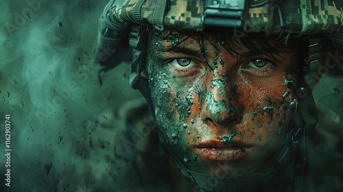 Wallpaper Mural Abstract colorful art watercolor painting portrait of a modern soldier in a helmet in black and green tones close up copy space Torontodigital.ca