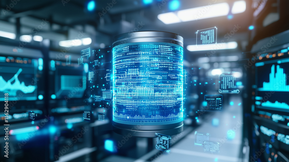 Fototapeta premium Futuristic Laboratory with Cylindrical Data Core and Holographic Display