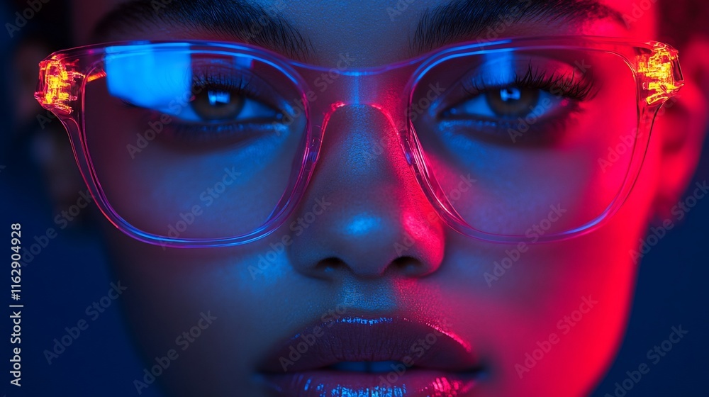 Neon Glow: A Close-Up Portrait of a Woman Wearing Transparent Glasses Neon Glow: A Close-Up Portrait of a Woman Wearing Transparent Glasses