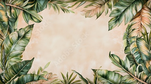 Tropical Leaf Border Beige Background Design photo