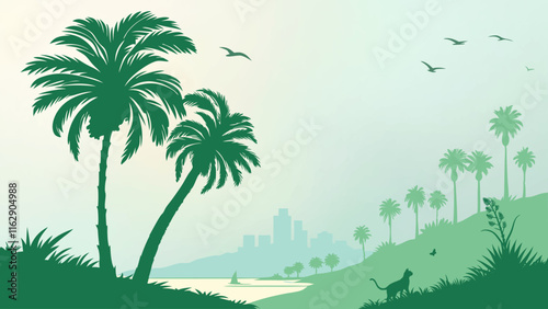 Tropical landscape with palm trees, city skyline, and cat in vector style