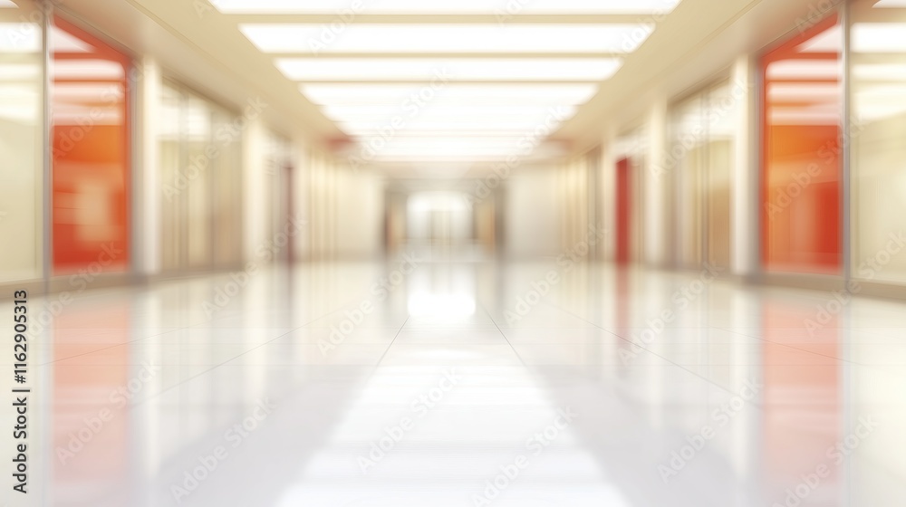 Obraz premium Modern bright hallway with glossy floors and orange accents corporate commercial use