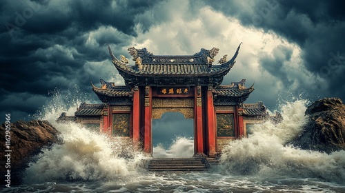 Ancient Chinese gate engulfed by powerful ocean waves under a dramatic stormy sky. photo