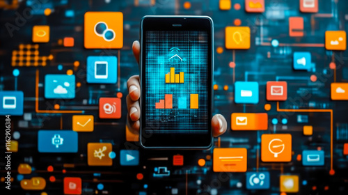 Marketers Optimizing Websites for Mobile Devices Using AI Technology with Data Analytics on Smartphone Screen at Night, Vibrant Colors