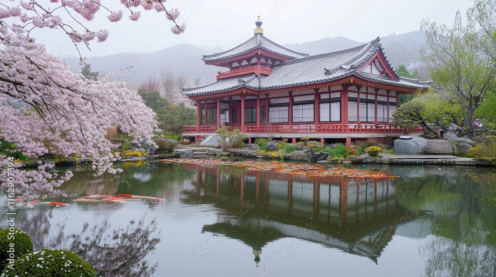 A serene Japanese-style building by a tranquil pond, surrounded by cherry blossoms. A serene Japanese-style building by a tranquil pond, surrounded by cherry blossoms.