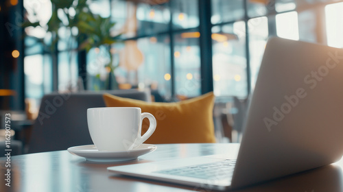 Professional Man Working on Laptop in Modern Cafe photo