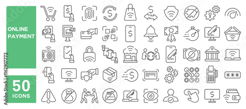 Set of 50 line icons related to online payment, buy, cashless, transfer, phone, digital, money, pay, finance, purchase, Editable stroke. Vector illustration