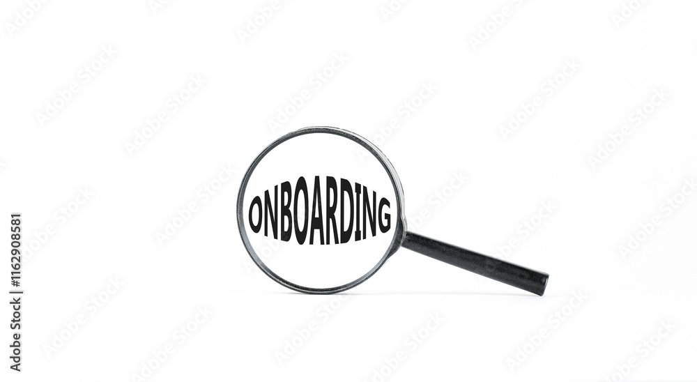 Onboarding success symbol. Concept word Onboarding in beautiful magnifying glass. Beautiful white paper background. Business onboarding success concept. Copy space. Onboarding success symbol. Concept word Onboarding in beautiful magnifying glass. Beautiful white paper background. Business onboarding success concept. Copy space.