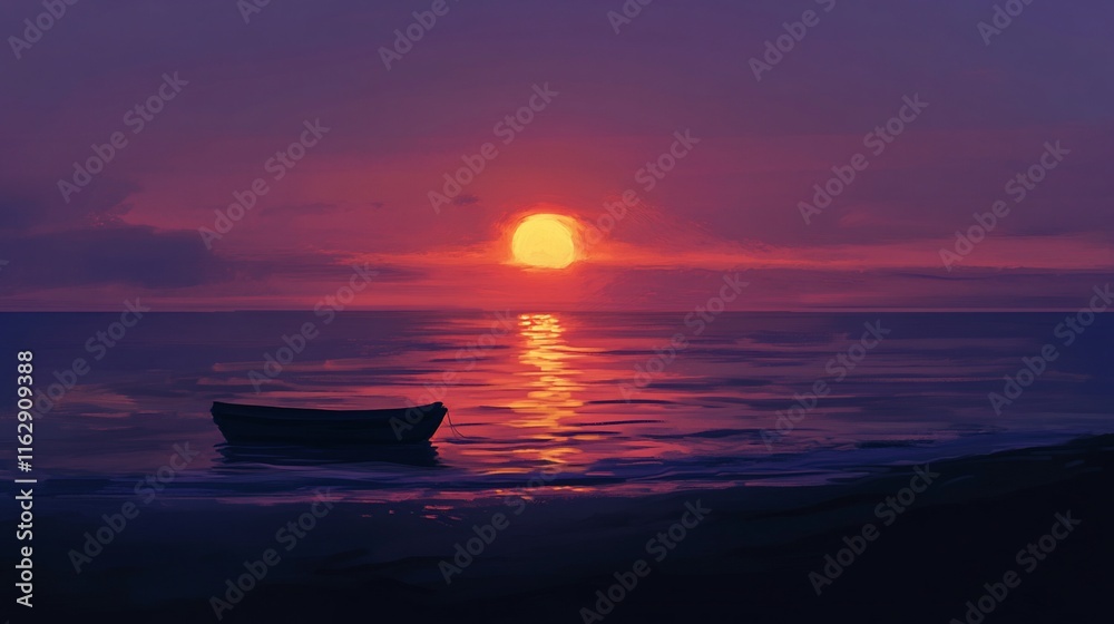 Fototapeta premium Serene sunset over calm ocean with small boat on shore.