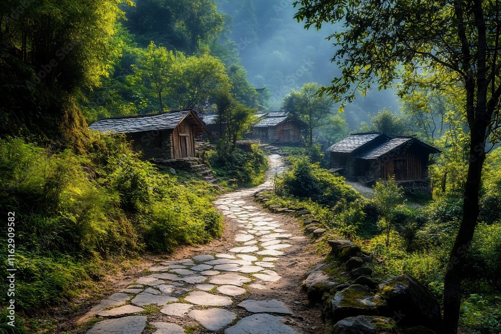 Stone path winding through lush green hills, passing traditional wooden houses. Stone path winding through lush green hills, passing traditional wooden houses.