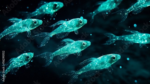 A school of bioluminescent fish swim in the deep ocean, glowing teal and emitting light.