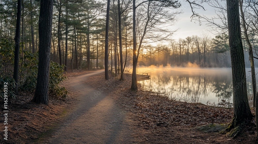 Fototapeta premium Sunrise over tranquil lake with mist, path through trees.