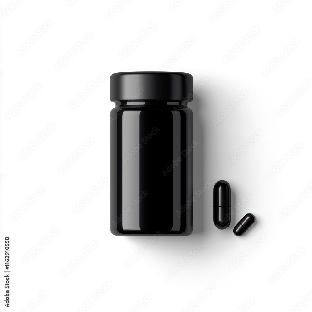 Black Pill Bottle With Two Capsules Nearby Black Pill Bottle With Two Capsules Nearby