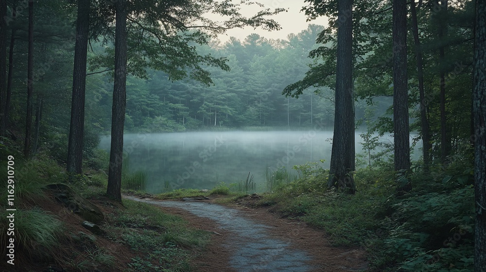 Obraz premium Misty morning path beside tranquil forest lake.
