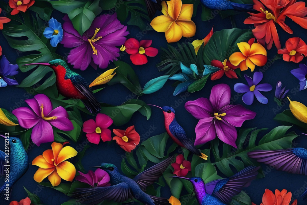 seamless pattern of stylized hummingbirds hovering among tropical flowers, elegant composition watercolor illustration style seamless pattern of stylized hummingbirds hovering among tropical flowers, elegant composition watercolor illustration style