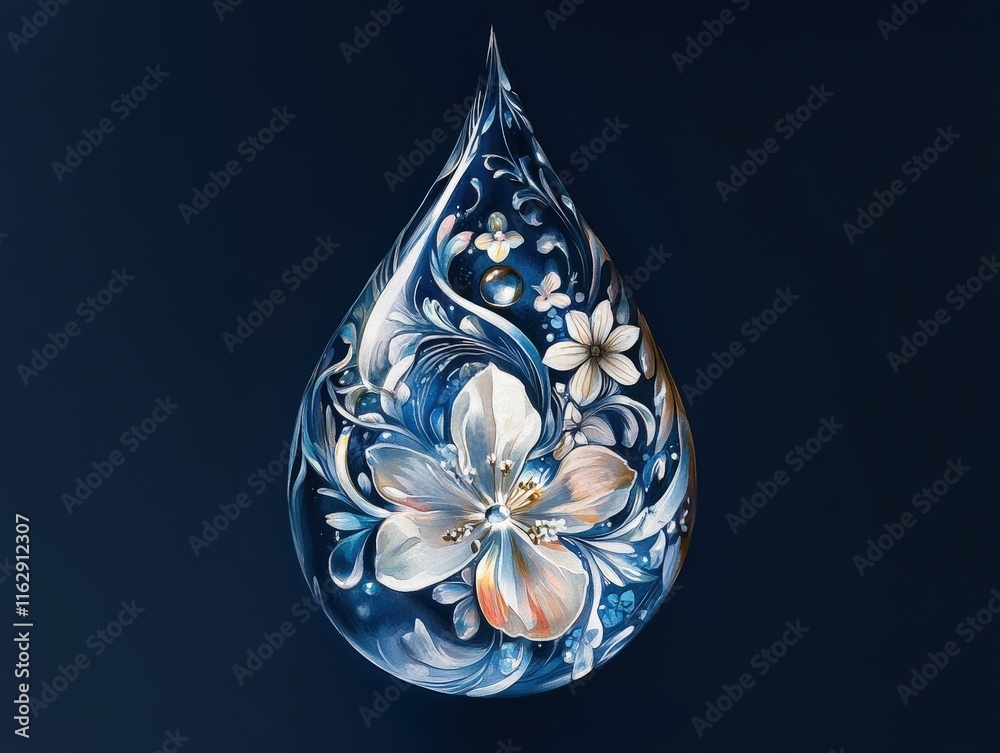 Obraz premium Dark blue teardrop-shaped art piece with floral design