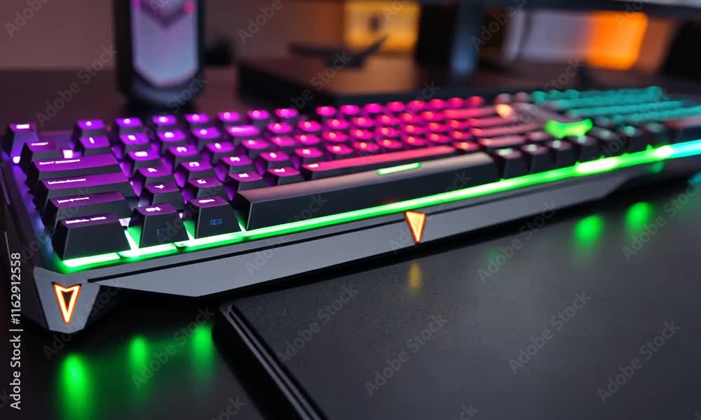 A vibrant gaming keyboard with colorful RGB lighting and a sleek design. A vibrant gaming keyboard with colorful RGB lighting and a sleek design.