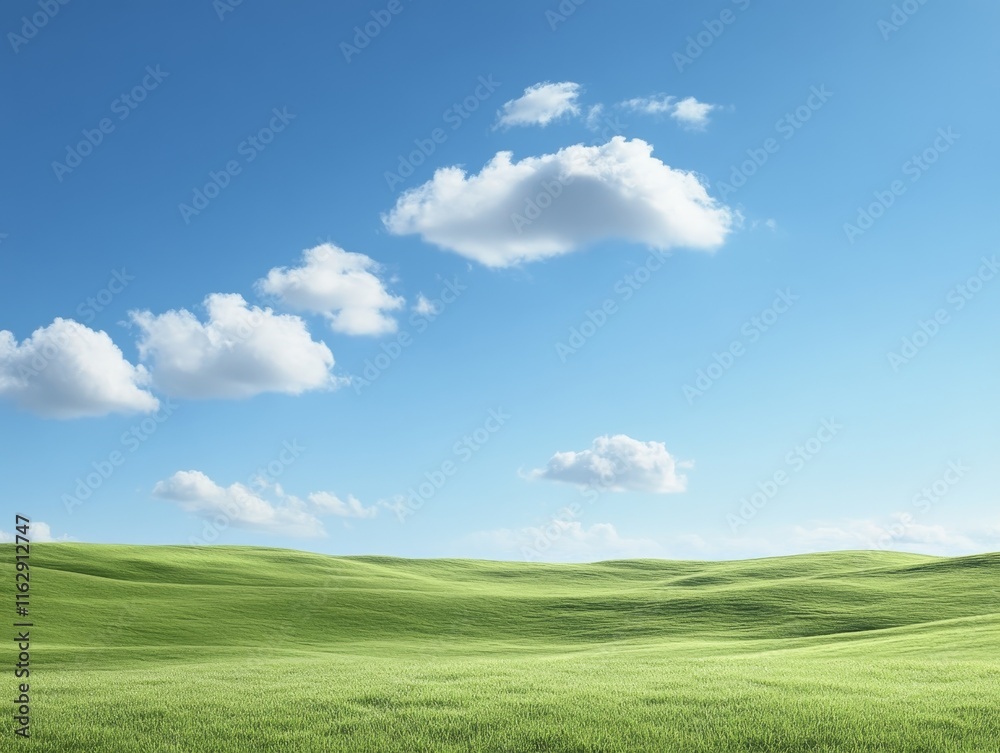 Fototapeta premium A serene landscape featuring rolling green hills under a clear blue sky with scattered clouds.