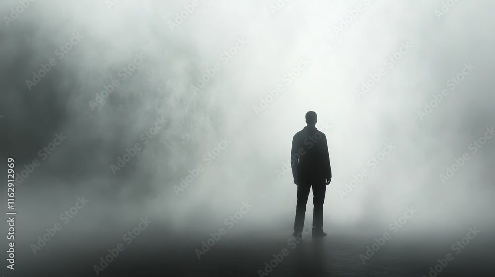 Obraz premium A silhouette of a person stands in a foggy environment, evoking mystery and introspection.