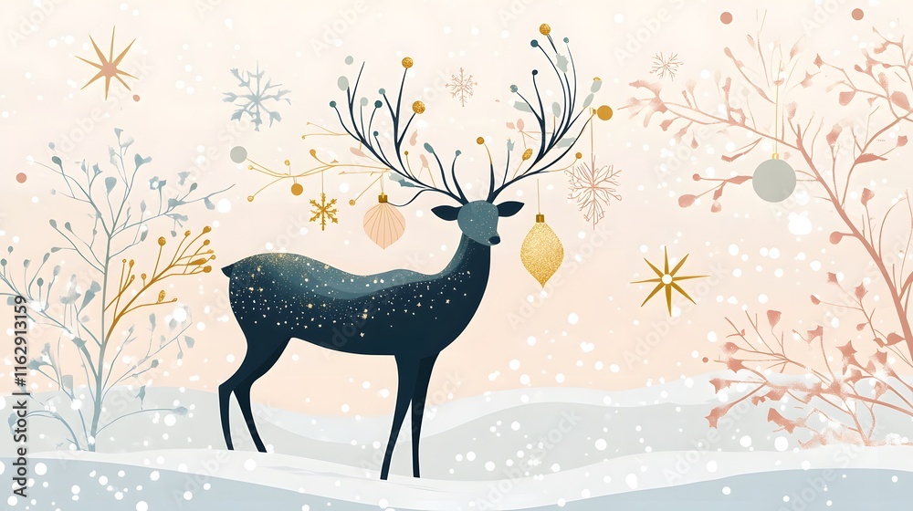 Festive Deer Adorned With Ornaments In Snowy Winter Scene Festive Deer Adorned With Ornaments In Snowy Winter Scene