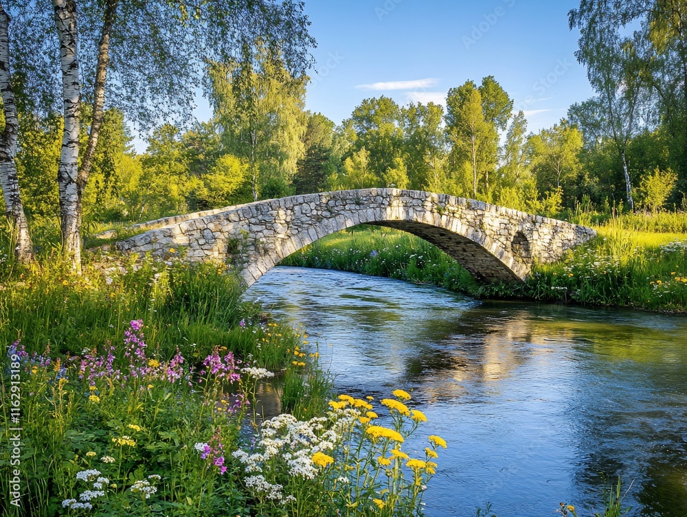 Stone arch bridge over calm river, lush greenery. Stone arch bridge over calm river, lush greenery.